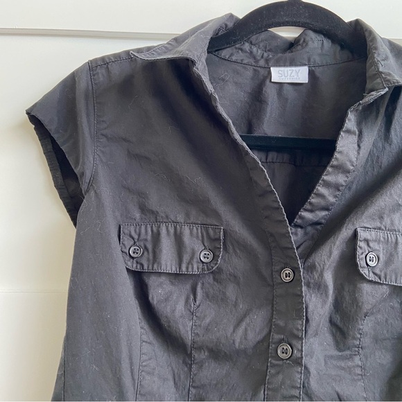 Suzy Shier Y2K Black Button-Up Short Sleeve Blouse - Picture 2 of 14